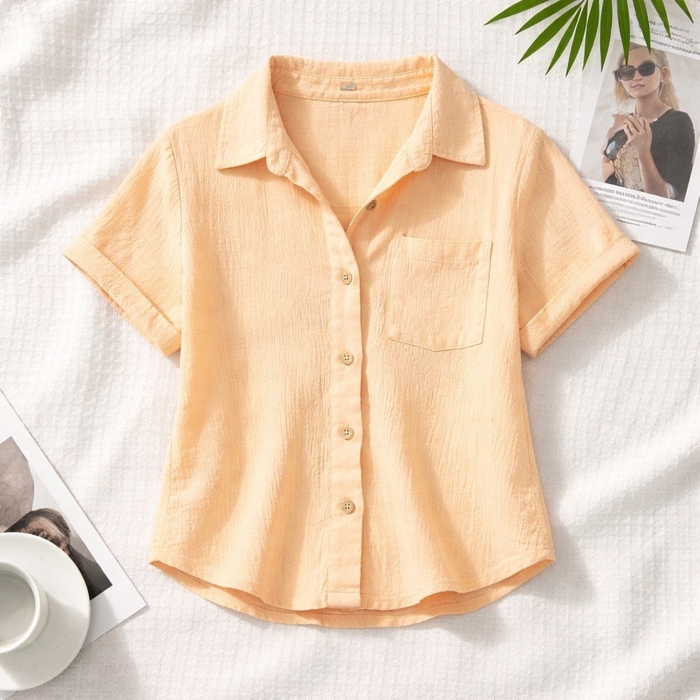 Almost Famous Button Down Short Sleeve Top in Peach Size Small